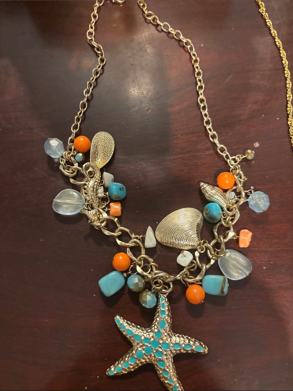Gold-Tone Starfish Statement Necklace with Turquoise and Orange Accents